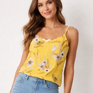 Ted Baker Top Womans Size 5 Yellow Floral Cabana Scalloped Printed Cami NWT